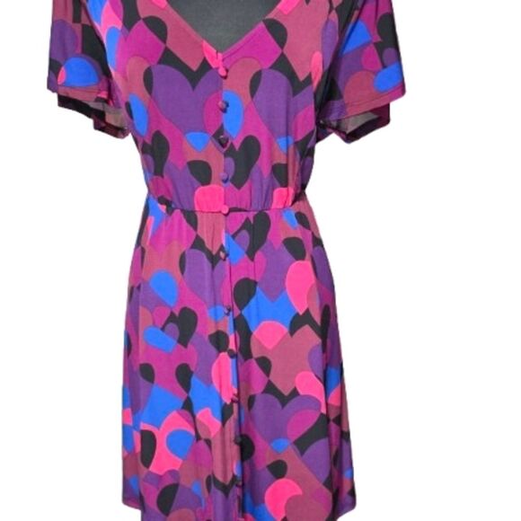 Multi Heart Flutter Mini Dress | Studio Knit V-Neck Button Front Size 2 - Picture 1 of 5